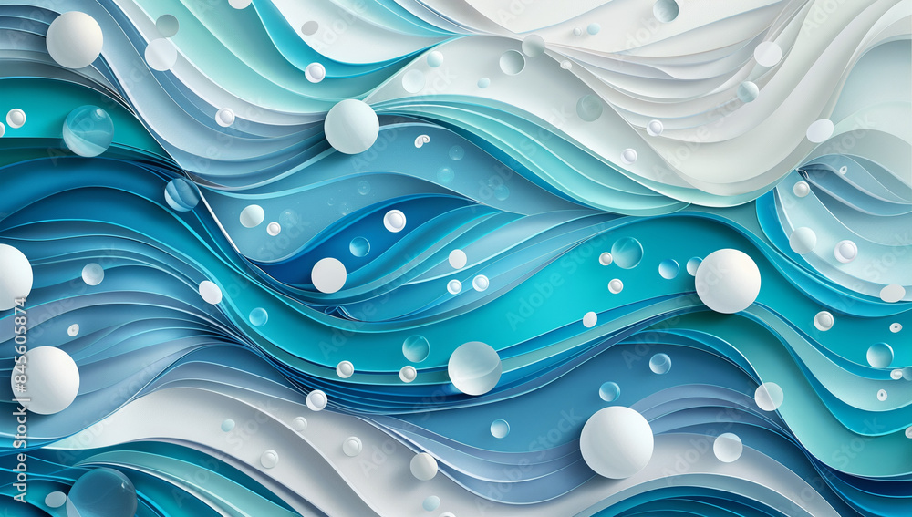 Abstract paper art background with blue and white waves, bubbles, and ...