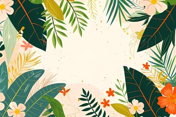 Wall Mural - Summer banner template, frame with tropical leaves,monstera, palm tree. Hello summer. Space for text.Poster, template for social media, banner, postcard. Cartoon illustration