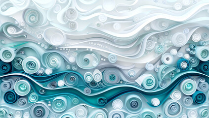 Poster - Abstract paper quilling art pattern of ocean waves, with swirling patterns and shades of blue and white. The design incorporates the colors teal and gray for an artistic touch