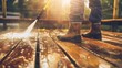 © Jelena - man diligently cleaning terrace wooden floor with high pressure washer home maintenance realistic photo