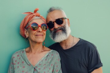 Wall Mural - Portrait of a content latino couple in their 60s wearing a trendy sunglasses on soft green background