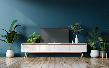 Wall Mural - Modern living room interior with a white cabinet and wooden floor, dark blue wall background mock up