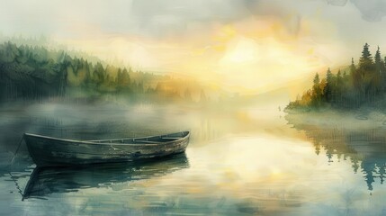 Wall Mural - misty morning lake landscape with rowboat serene panoramic view watercolor painting
