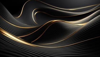 Wall Mural - Abstract black luxury geometric background with flowing lines and waves. Modern shiny gold wavy lines on black color background