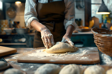 Wall Mural - Close up shot of a baker is Kneading smooth dough by hand in cozy bakery kitchen.