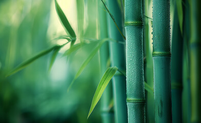 Wall Mural - Fresh green bamboo stalks covered with water droplets, emphasizing nature and freshness.