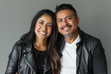 Wall Mural - Portrait of a smiling latino couple in their 30s sporting a stylish leather blazer in soft gray background