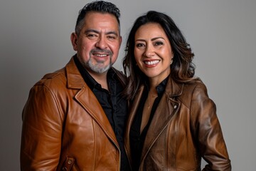 Wall Mural - Portrait of a smiling latino couple in their 30s sporting a stylish leather blazer isolated on soft gray background