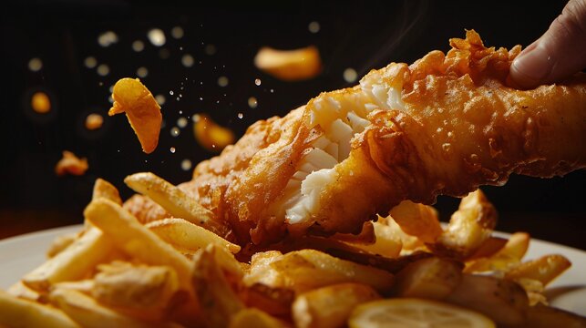 Slow-motion capture of diners enjoying fish and chips, taking bites of flaky fish, crunchy fries, capturing excitement, satisfaction of dining