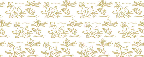 Wall Mural - Isolated vector pattern of vanilla. Gold vanilla sticks, vanilla flower and pods. Aroma, food, cookery. Hand drawn. illustration of vanilla flower, bean and pods on isolated white background. 