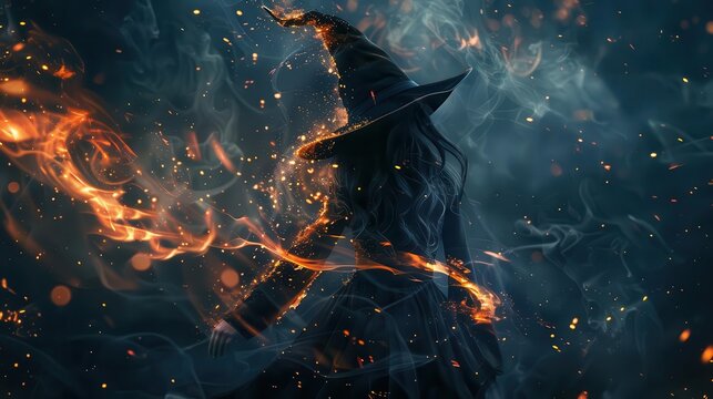 spooky halloween witch with swirling fire embers and sparks on dark background magical fantasy scene