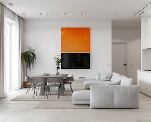 Wall Mural - Modern living room with white walls, a dining table and sofa in front of the TV