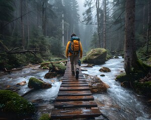 Canvas Print - Adventurous Hiker Crossing Wooden Bridge in Serene Forest Landscape