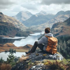 Canvas Print - Hiker Resting on Rocky Outcrop Enjoying Majestic Mountain Landscape and Scenic Vista