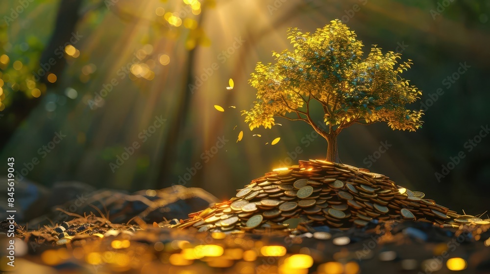 thriving tree growing from a mound of golden coins representing ...