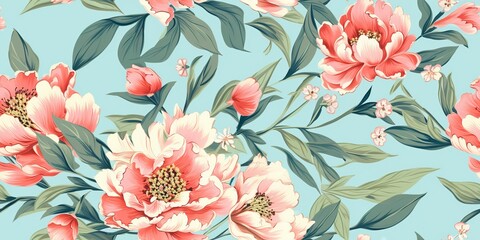 Wall Mural - Blue red pink peony flowers plants with leaves watercolor draw pain decoration background. Floral blossom beautiful scene backdrop