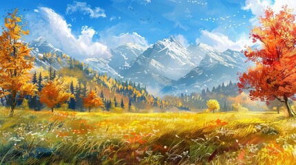 Wall Mural - tranquil alpine meadow panorama with vibrant autumn foliage digital painting