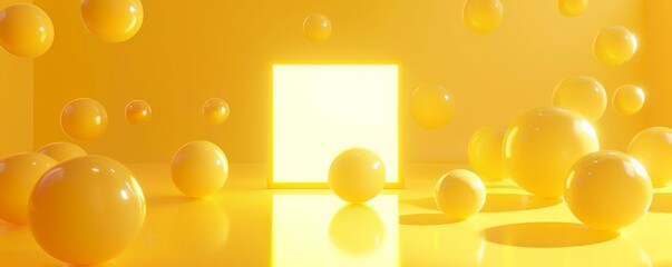 Abstract yellow geometric background with floating spheres, minimalistic design concept