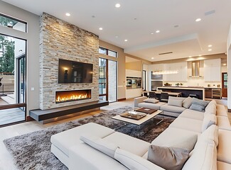 Wall Mural - Modern luxury home interior, open concept living room with fireplace and dining area in the background, beige sofa facing tv wall with coffee table between them