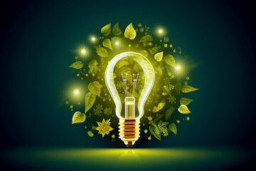 Light bulb surrounded by leaves, symbolizing energy and nature, conveying a concept of sustainability and innovation