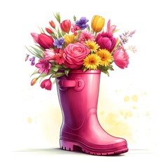 Wall Mural - An image of a pink rain boot filled with an assortment of colorful flowers