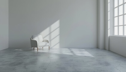 Poster - Living room interior, 3D rendering, modern design, blank wall mockup, white concrete floor, window light
