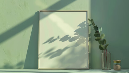 Poster - 3d rendering of white vertical empty frame mockup on shelf in green room with eucalyptus branch and jar