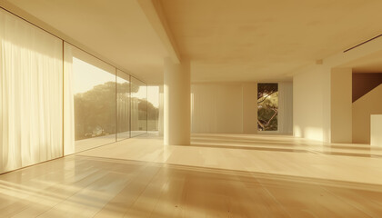 A large empty room with white walls and wooden floors, the corner casting soft shadows on one wall, sunlight streaming through tall windows creating long reflections across the floor