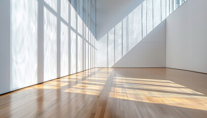 Poster - A large empty room with white walls and wooden floors, the corner casting soft shadows on one wall, sunlight streaming through tall windows creating long reflections across the floor