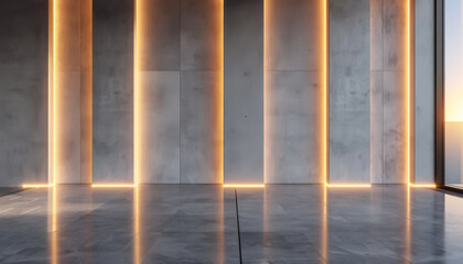 Poster - Concrete wall with vertical warm light accents, reflecting on the polished floor, creating a modern industrial feel