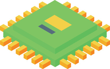 Poster - Isometric cpu processing unit with a green circuit board and orange pins