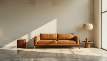 Poster - A minimalist living room with a tan sofa, a small wooden table, and a unique floor lamp, bathed in natural sunlight