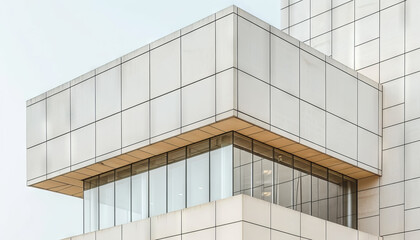 Poster - A close-up of a modern building with clean, geometric lines and reflective glass windows against a light sky