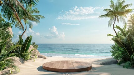 Wall Mural - tropical beach with wooden podium display on sandy shore summer vacation concept 3d render