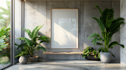 Poster - A modern interior with large tropical plants and a blank on a concrete wall, illuminated by natural sunlight