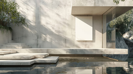 Poster - Exterior view of a modern concrete building with steps leading to a reflection pool and a blank vertical frame
