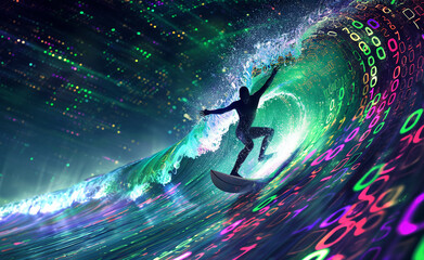 Wall Mural - A digital illustration of a surfer riding a wave made of binary code, symbolizing data surfing.