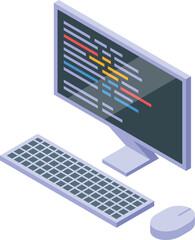 Computer programming code displaying on screen with keyboard and mouse isometric view