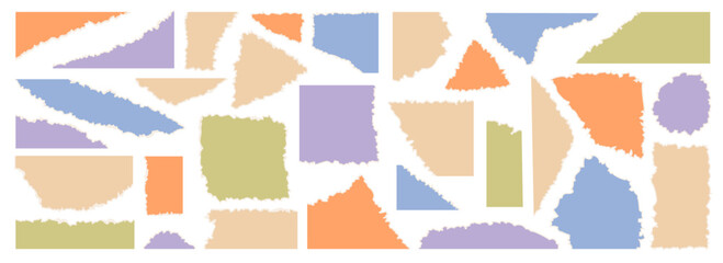 Fototapete - Torn colorful paper pieces for crafts and art. Vector isolated small scraps of different sizes. Children artwork materials, sheets with rigid and grungy edges and cuts. Patchwork, color fragments