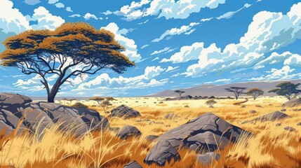 vast african savanna landscape with dry grass and rocks wilderness panorama nature backdrop