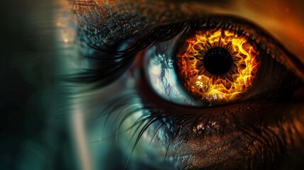 A close up of a woman's eye with fire in it, AI