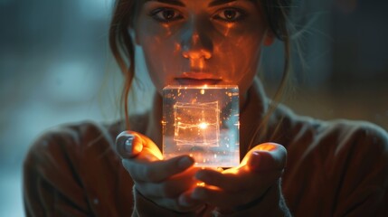 Wall Mural - A woman holding a square of glass with light shining through it, AI