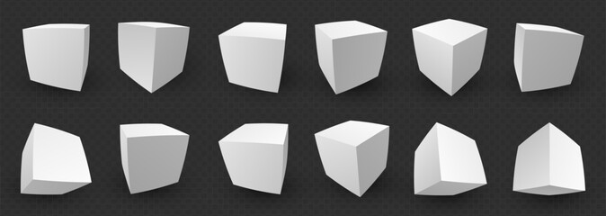Leinwandbilder - 3D White Cube Blocks on Transparent Background. 3D Perspective White Boxes. Vector Illustration for Your Design.