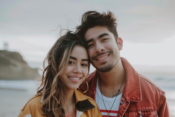 Wall Mural - Portrait of a blissful latino couple in their 20s wearing a trendy bomber jacket on sandy beach background