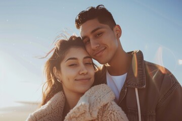 Wall Mural - Portrait of a blissful latino couple in their 20s wearing a trendy bomber jacket in sandy beach background