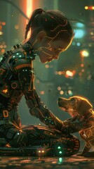 Wall Mural - A girl in a robot suit is petting a dog