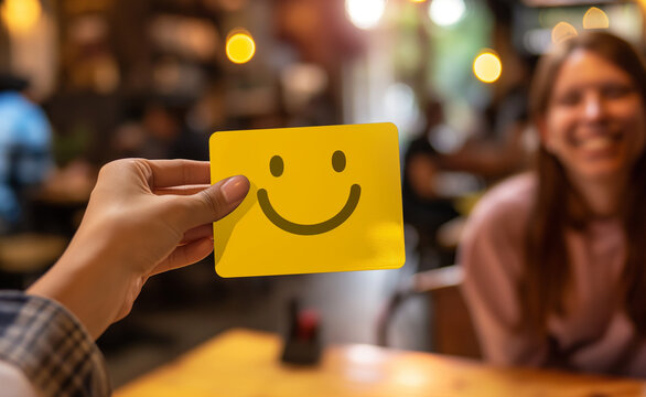 Two hands exchanging a yellow card with a smiley face, symbolizing happiness and positivity.