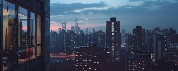 Wall Mural - Urban skyline at twilight, 4K hyperrealistic photo