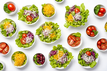 Wall Mural - Colorful Salad Ingredients in Bowls on White Background