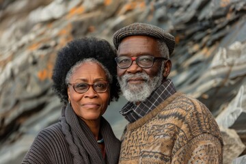 Portrait of a merry afro-american couple in their 70s dressed in a warm wool sweater while standing against rocky cliff background